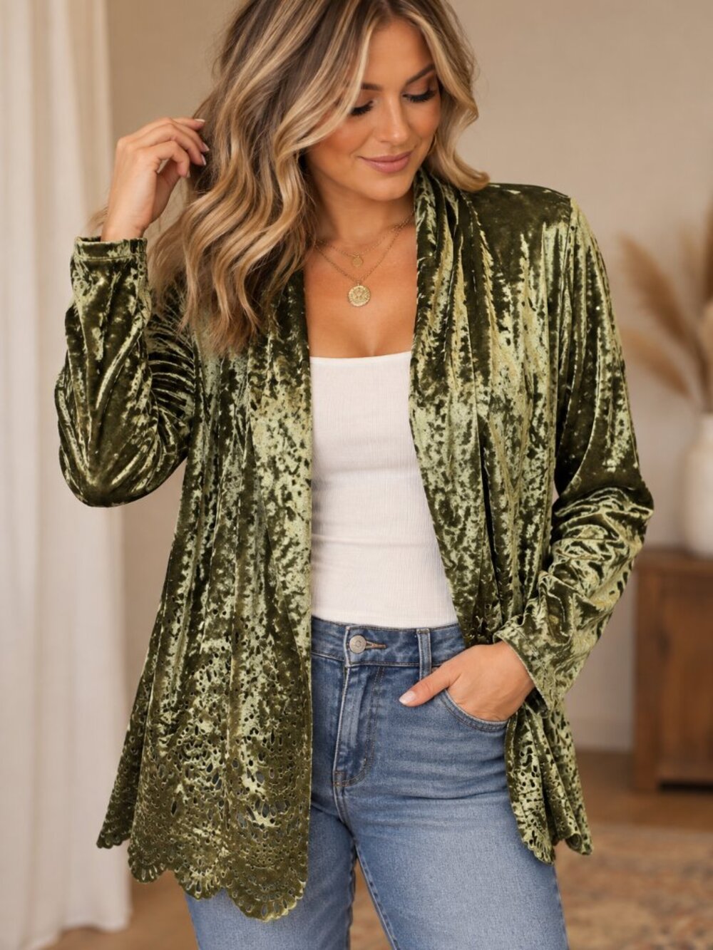 Adore Size L Crushed Velvet Cardigan Top Open Front Layering Whimsigoth Green